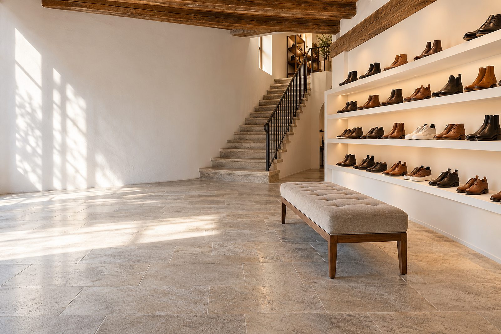 Heller Schuhladen in einem alten Stadthaus: links eine ruhige weiße Wand und heller Steinboden im Nachmittagslicht, rechts lange weiße Wandregale mit Lederschuhen und Stiefeletten, davor eine gepolsterte Anprobebank, hinten eine Steintreppe mit Stahlgeländer in die zweite Etage