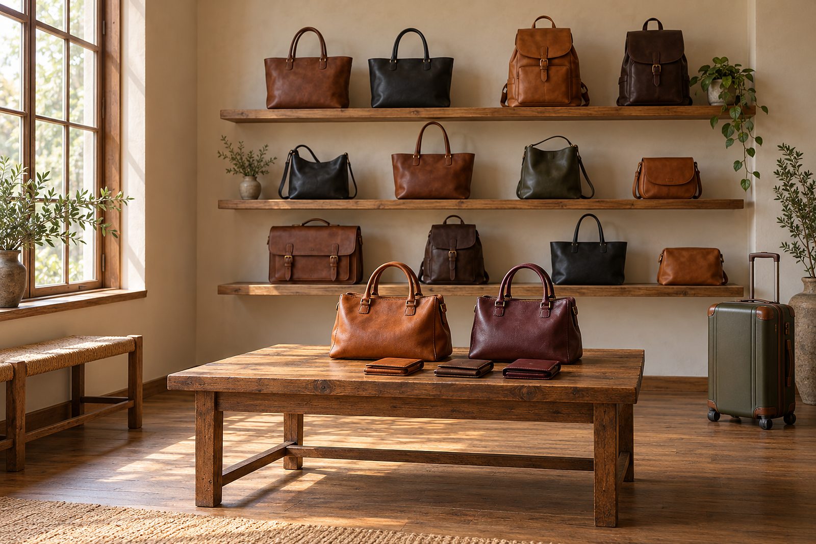 Ecke eines Lederwarengeschäfts: auf einem Holztisch Handtaschen in Cognac und Bordeaux und gefaltete Geldbeutel, dahinter Wandregale mit Taschen und Rucksäcken, rechts ein Reisekoffer