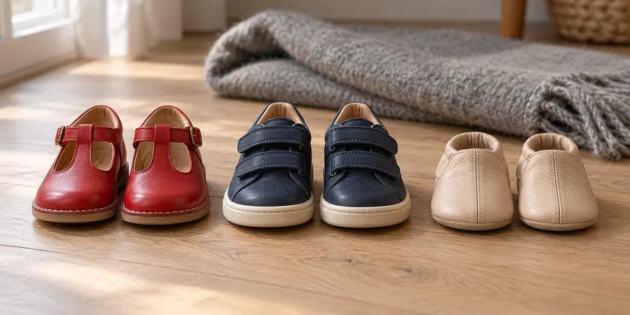 Drei Paar Kinderschuhe auf hellem Holzboden: rote Spangenschuhe aus Leder, dunkelblaue Turnschuhe mit Klettverschluss und winzige beige Lauflernschuhe
